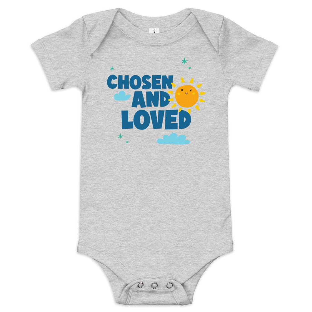 Chosen and Loved - baby one piece onesie with clouds and sun - Adoption Stuff Store for adoption and foster care themed shirts and gifts