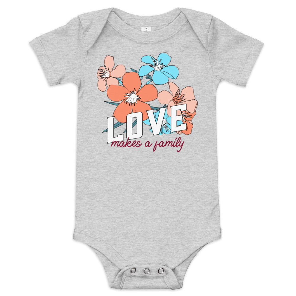 LOVE makes a family - baby one piece onesie with flowers - Adoption Stuff Store for adoption and foster care themed shirts and gifts