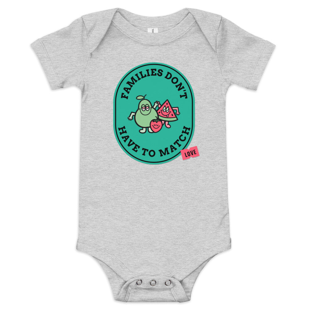 Families Don't Have to Match - baby one piece onesie with fruit - Adoption Stuff Store for adoption and foster care themed shirts and gifts