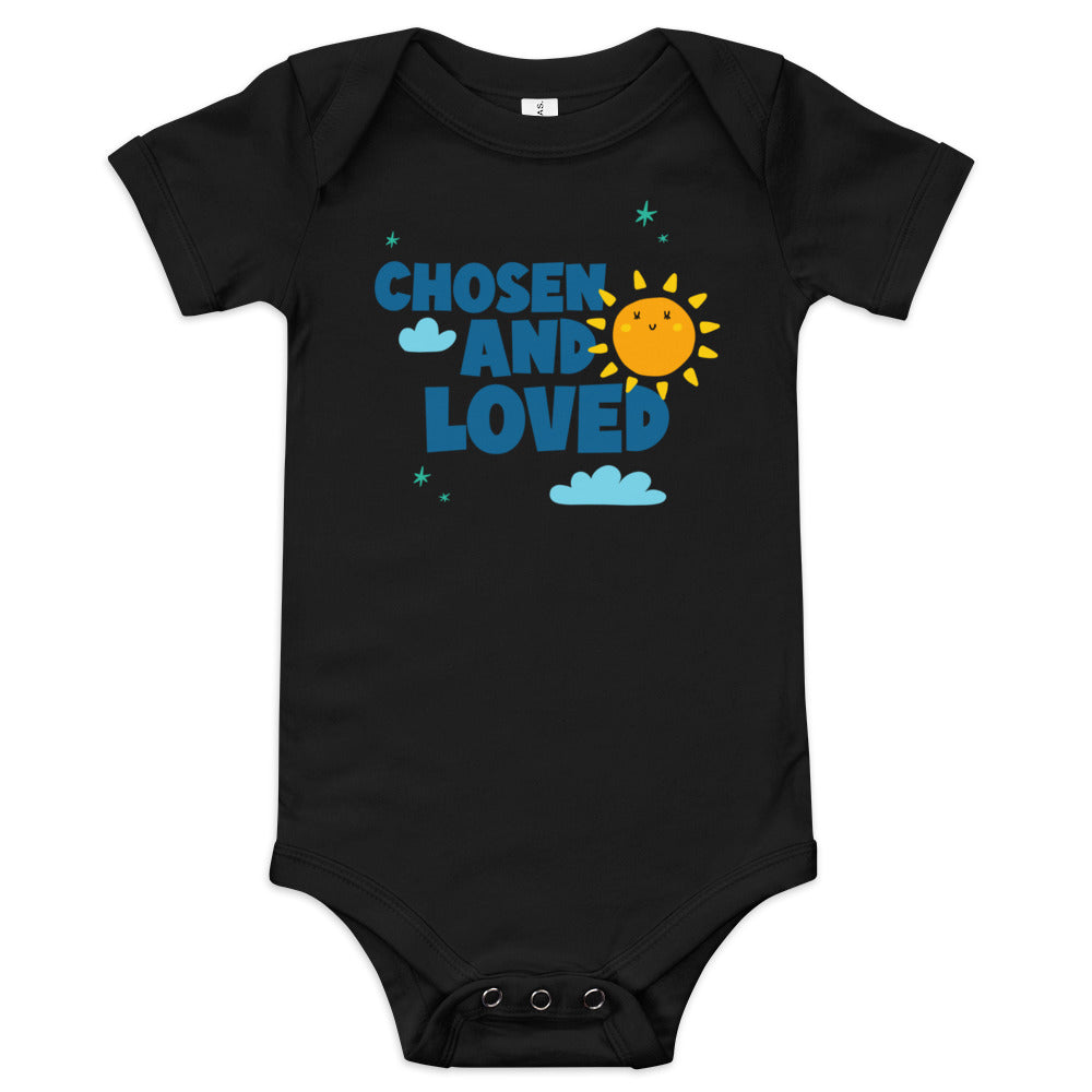 Chosen and Loved - baby one piece onesie with clouds and sun - Adoption Stuff Store for adoption and foster care themed shirts and gifts