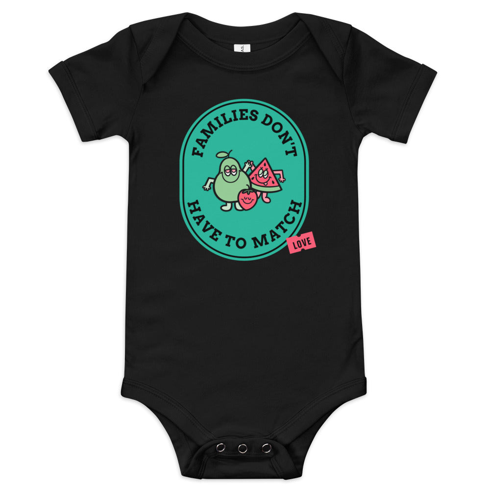 Families Don't Have to Match - baby one piece onesie with fruit - Adoption Stuff Store for adoption and foster care themed shirts and gifts