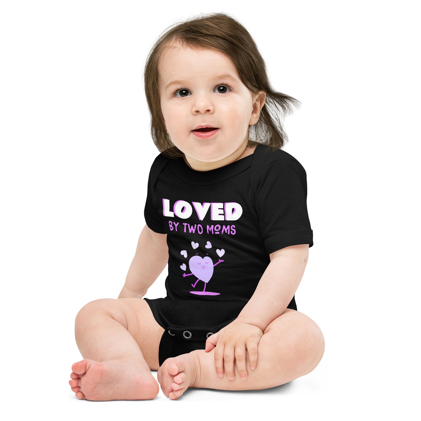 Loved by two moms - heart graphic on a baby onesie - Adoption Stuff Store for adoption and foster care themed gifts