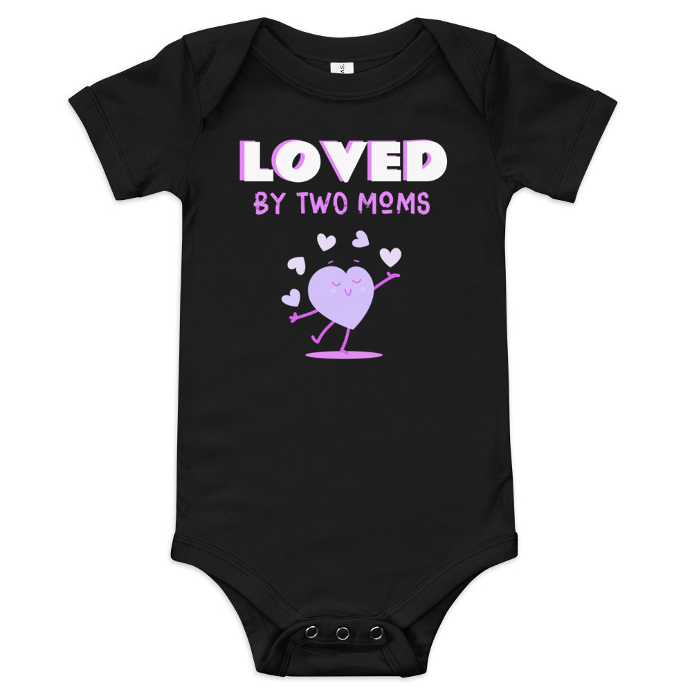 Loved by two moms - heart graphic on a baby onesie - Adoption Stuff Store for adoption and foster care themed gifts