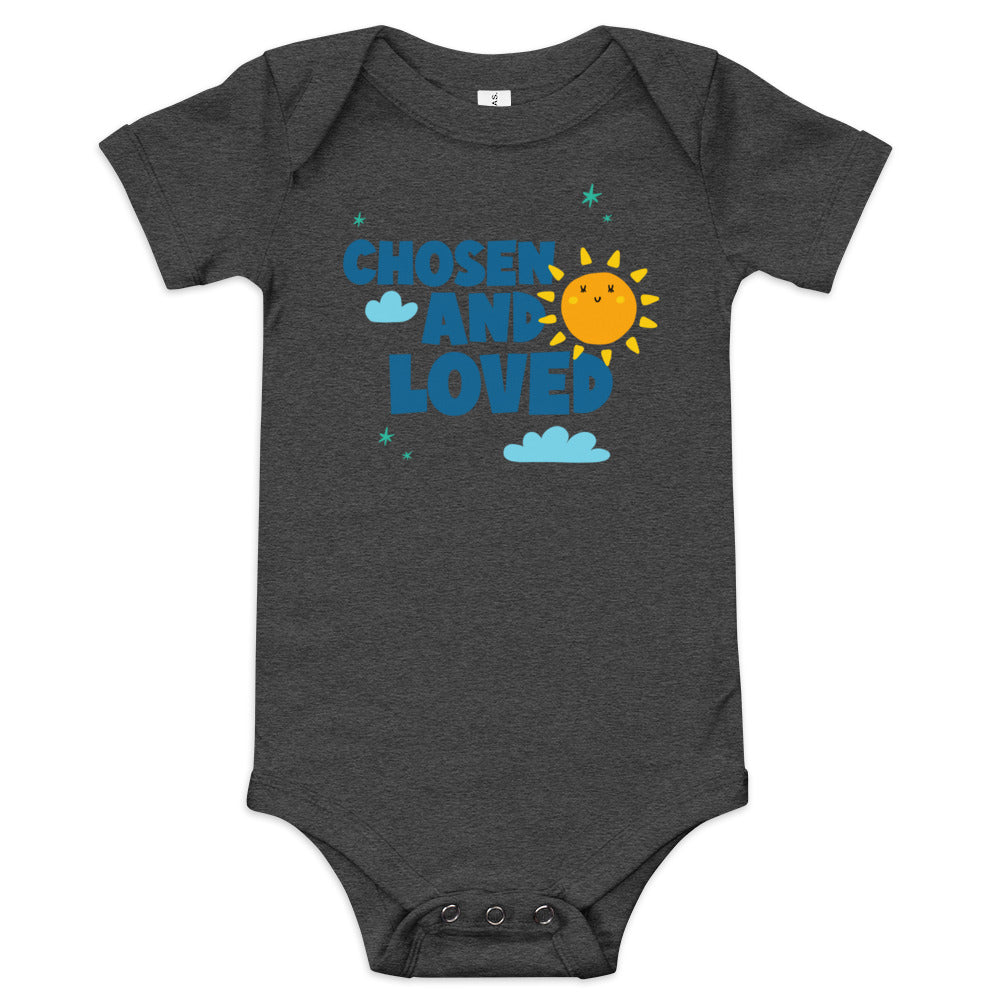 Chosen and Loved - baby one piece onesie with clouds and sun - Adoption Stuff Store for adoption and foster care themed shirts and gifts