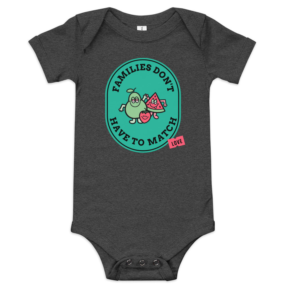 Families Don't Have to Match - baby one piece onesie with fruit - Adoption Stuff Store for adoption and foster care themed shirts and gifts