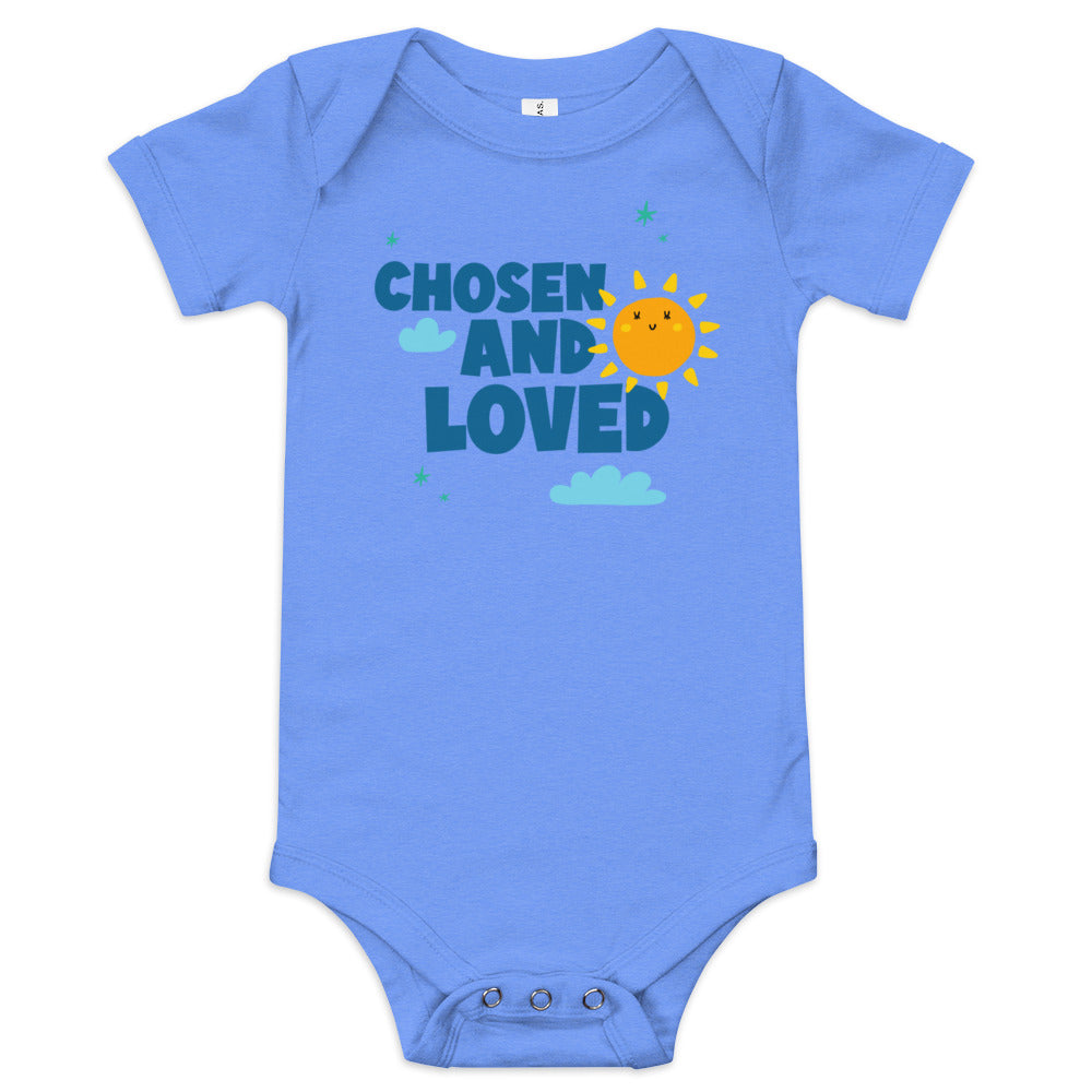 Chosen and Loved - baby one piece onesie with clouds and sun - Adoption Stuff Store for adoption and foster care themed shirts and gifts