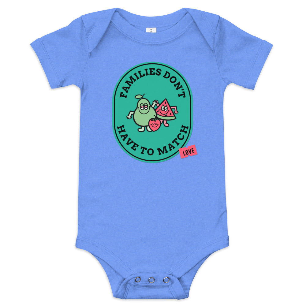 Families Don't Have to Match - baby one piece onesie with fruit - Adoption Stuff Store for adoption and foster care themed shirts and gifts