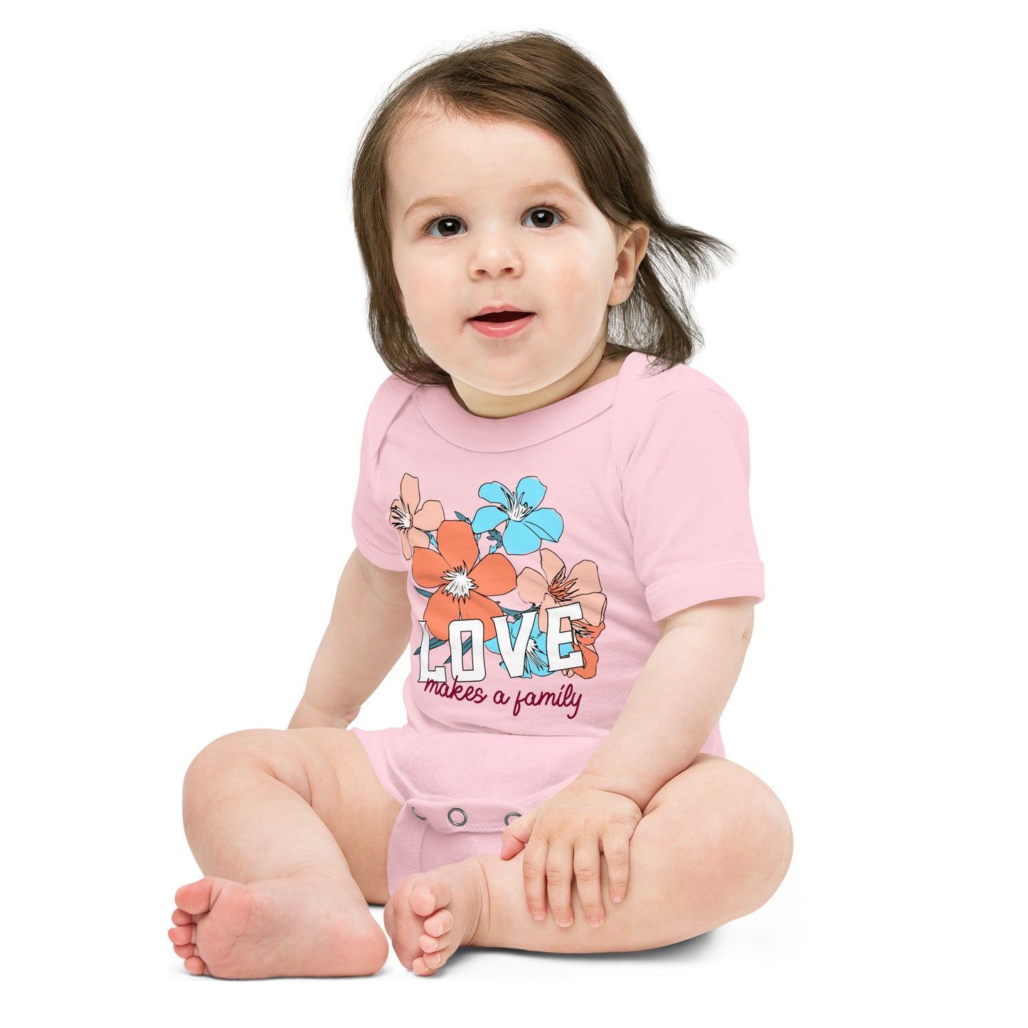 LOVE makes a family - baby one piece onesie with flowers - Adoption Stuff Store for adoption and foster care themed shirts and gifts