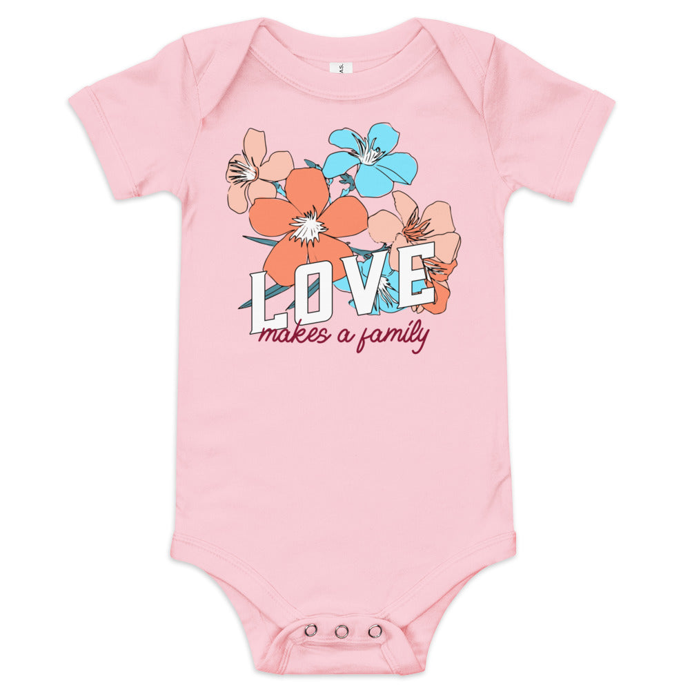 LOVE makes a family - baby one piece onesie with flowers - Adoption Stuff Store for adoption and foster care themed shirts and gifts