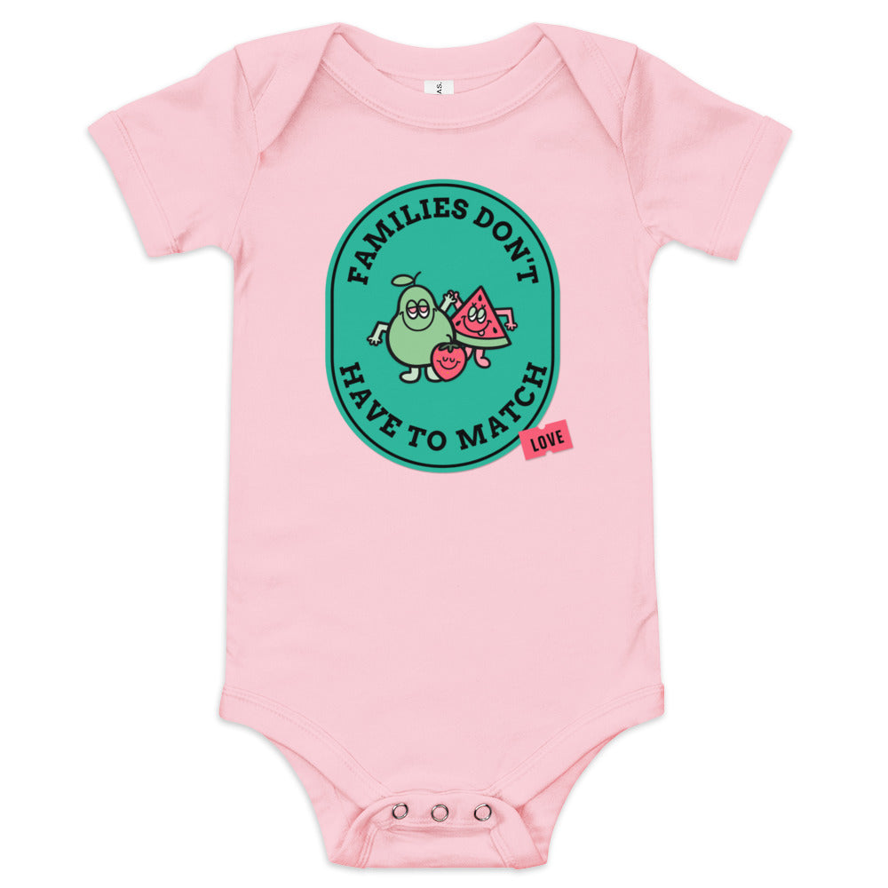 Families Don't Have to Match - baby one piece onesie with fruit - Adoption Stuff Store for adoption and foster care themed shirts and gifts