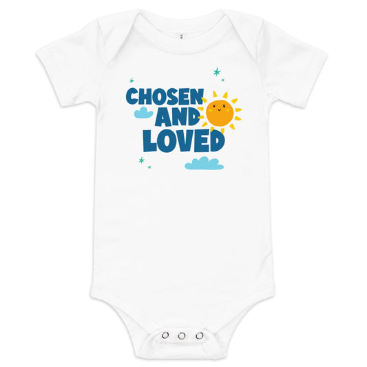 Chosen and Loved - baby one piece onesie with clouds and sun - Adoption Stuff Store for adoption and foster care themed shirts and gifts