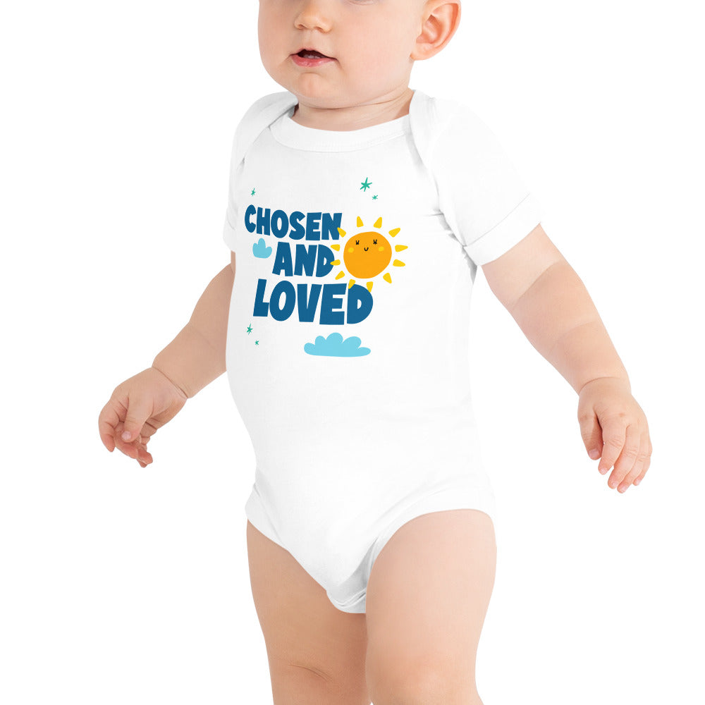 Chosen and Loved - baby one piece onesie with clouds and sun - Adoption Stuff Store for adoption and foster care themed shirts and gifts