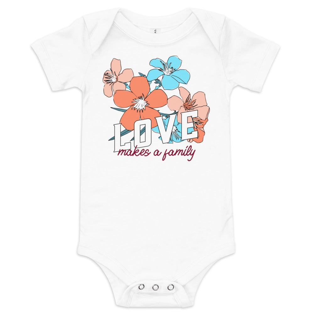 LOVE makes a family - baby one piece onesie with flowers - Adoption Stuff Store for adoption and foster care themed shirts and gifts