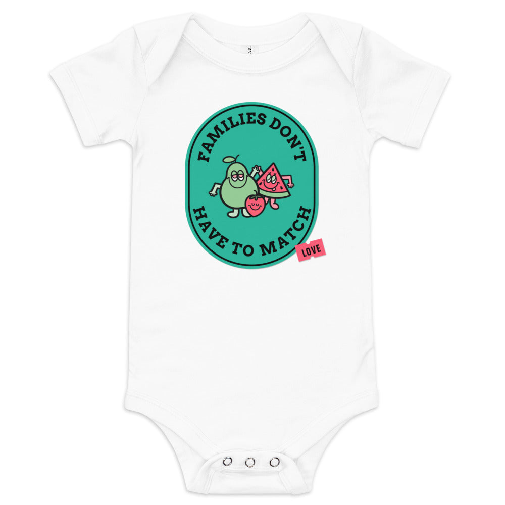 Families Don't Have to Match - baby one piece onesie with fruit - Adoption Stuff Store for adoption and foster care themed shirts and gifts