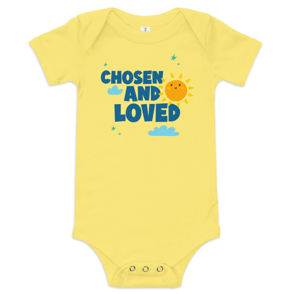 Chosen and Loved - baby one piece onesie with clouds and sun - Adoption Stuff Store for adoption and foster care themed shirts and gifts