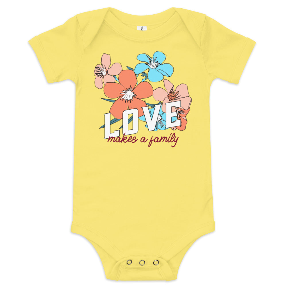 LOVE makes a family - baby one piece onesie with flowers - Adoption Stuff Store for adoption and foster care themed shirts and gifts