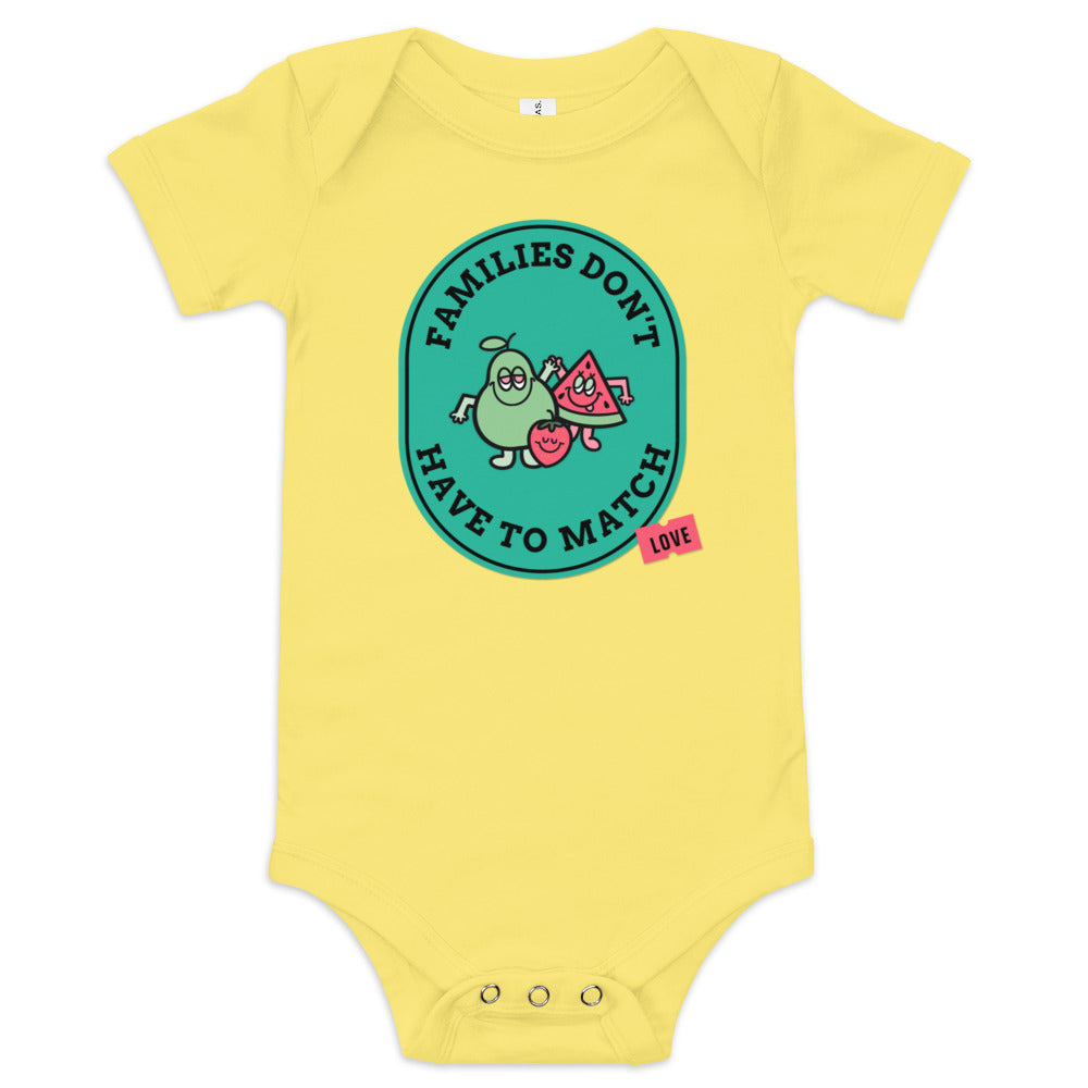 Families Don't Have to Match - baby one piece onesie with fruit - Adoption Stuff Store for adoption and foster care themed shirts and gifts