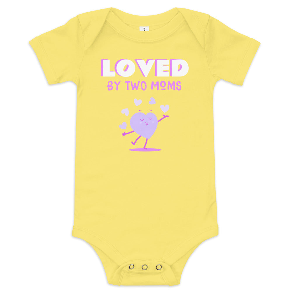 Loved by two moms - heart graphic on a baby onesie - Adoption Stuff Store for adoption and foster care themed gifts