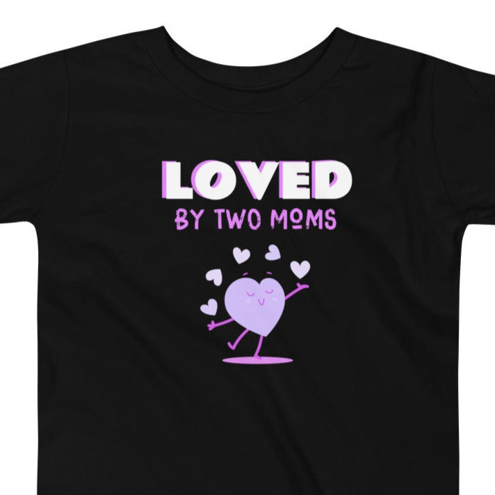 Loved by two moms - heart graphic on a toddler tshirt - Adoption Stuff Store for adoption and foster care themed gifts