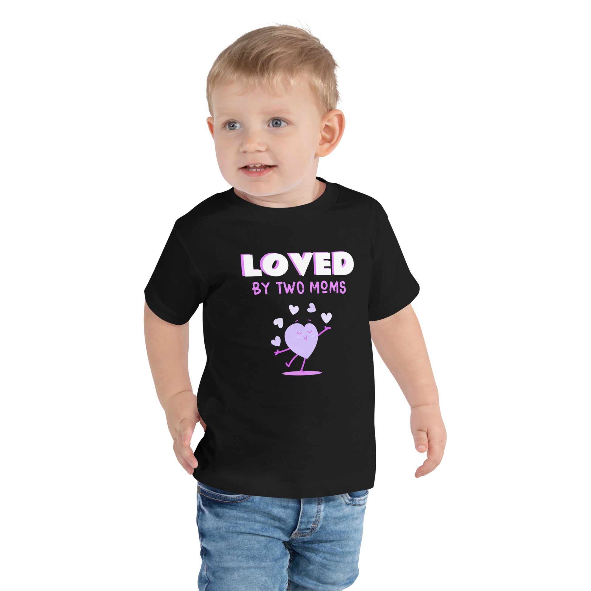 Loved by two moms - heart graphic on a toddler tshirt - Adoption Stuff Store for adoption and foster care themed gifts