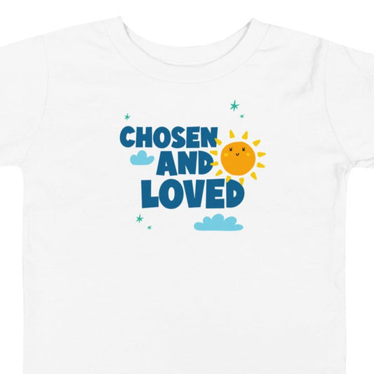 Kid's shirt that says CHOSEN AND LOVED with sun and clouds. - Adoption Stuff Store