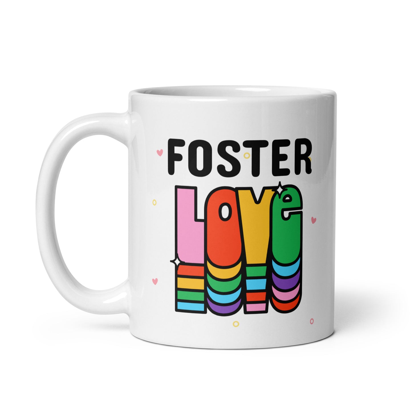 Adoption Stuff Store mug - Love makes a family - adoption and foster care themed gifts - gay, rainbow, inclusive