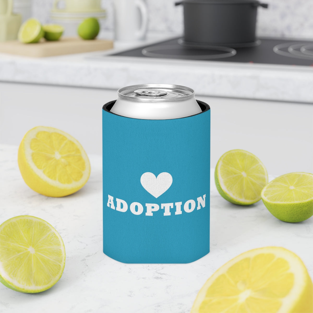 Heart Adoption - simple design on an turquoise Can Cooler - Adoption Stuff Store