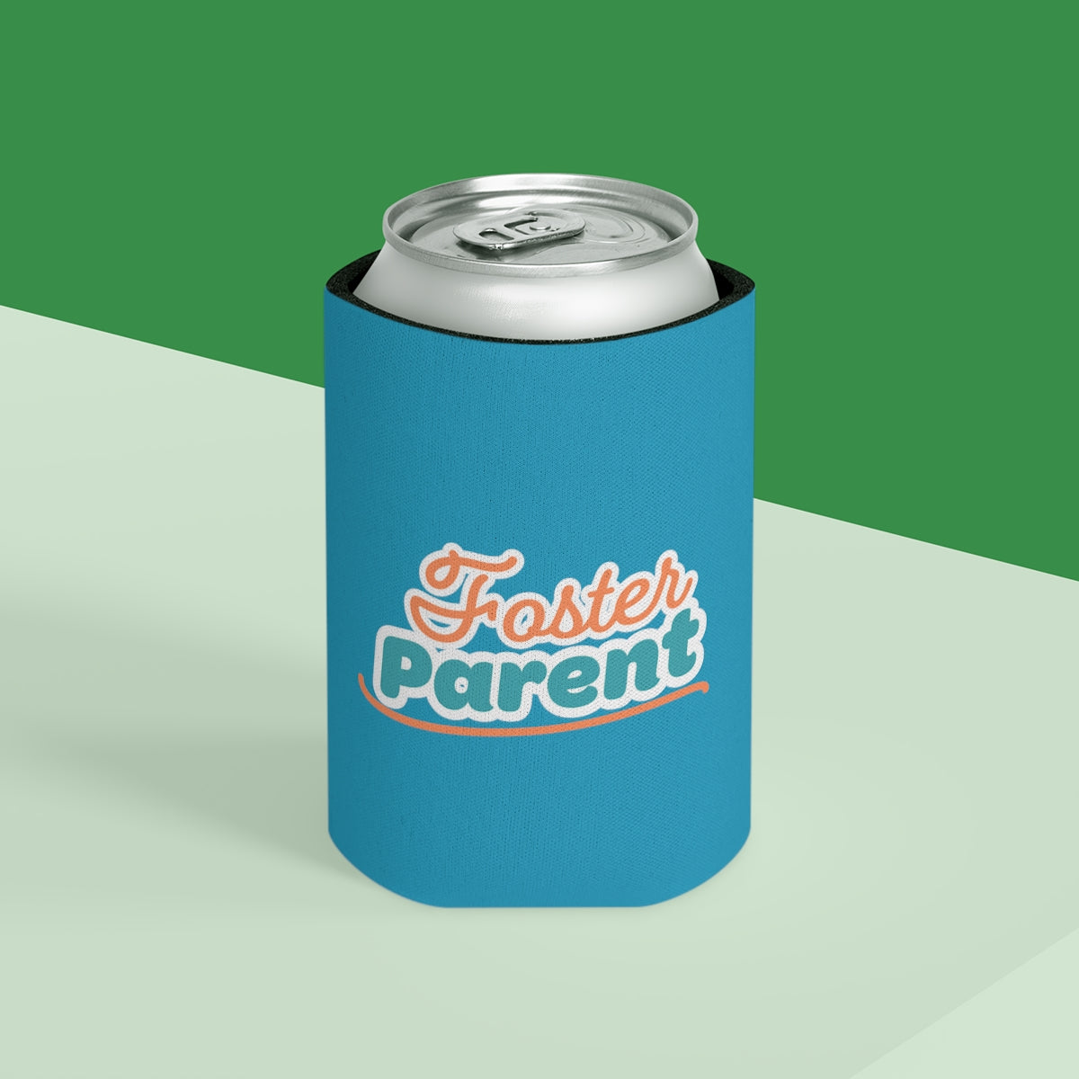 Foster Parent - retro design on an turquoise Can Cooler - Adoption Stuff Store