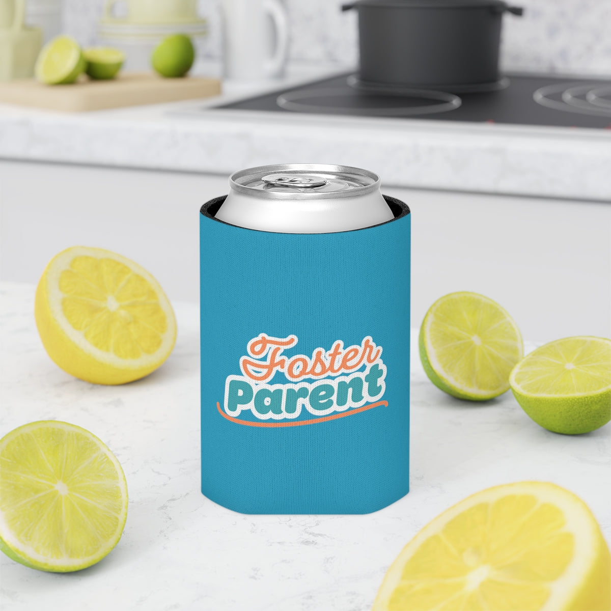 Foster Parent - retro design on an turquoise Can Cooler - Adoption Stuff Store