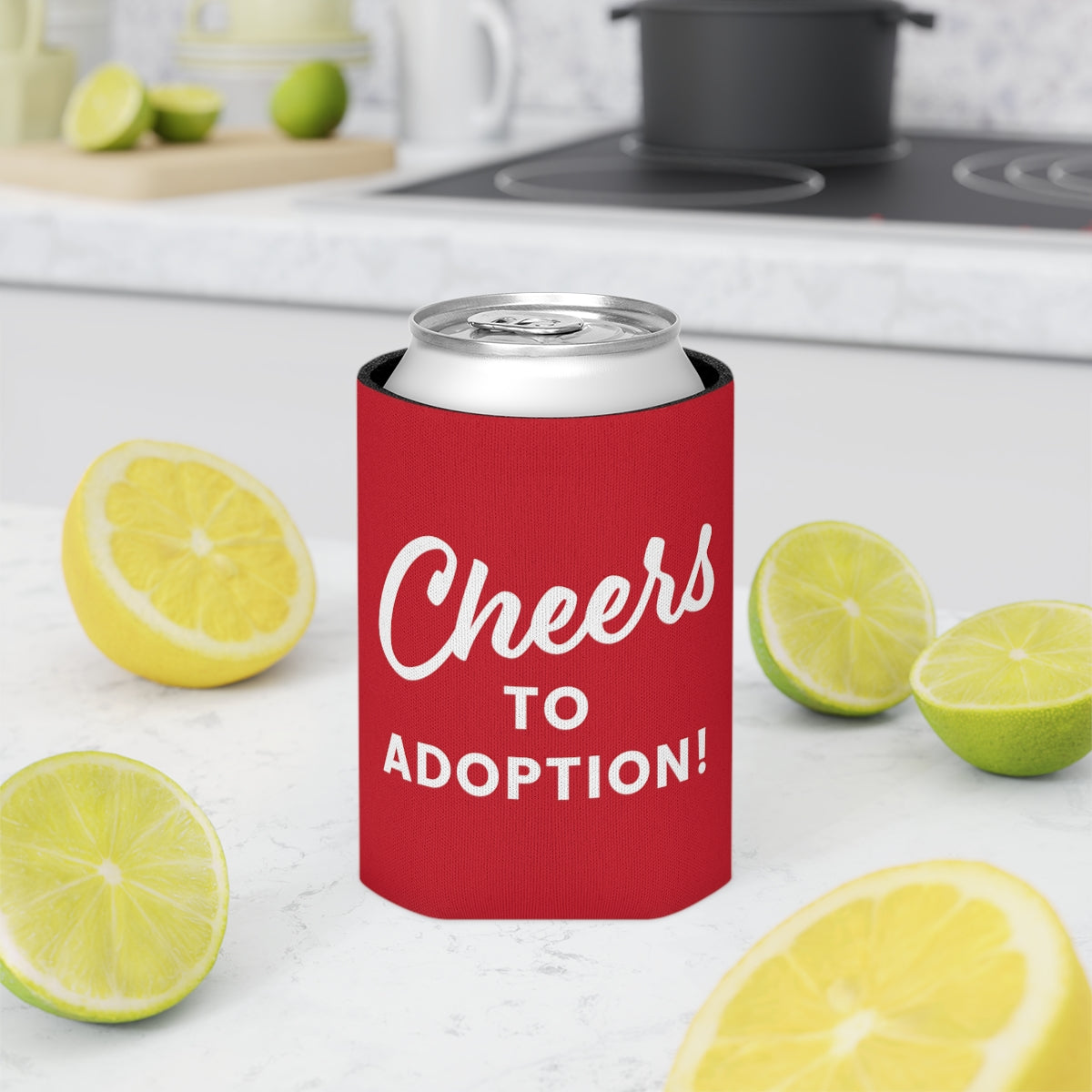 CHEERS TO ADOPTION! - red Can Cooler - Adoption Stuff Store