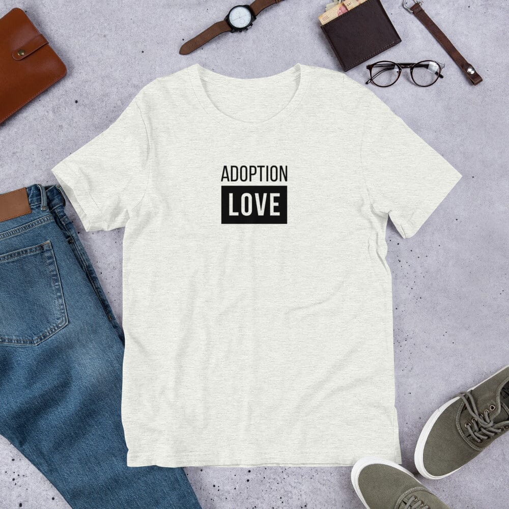 ADOPTION LOVE - simple block design on a Unisex t-shirt T-shirt Adoption Stuff Store Ash S 