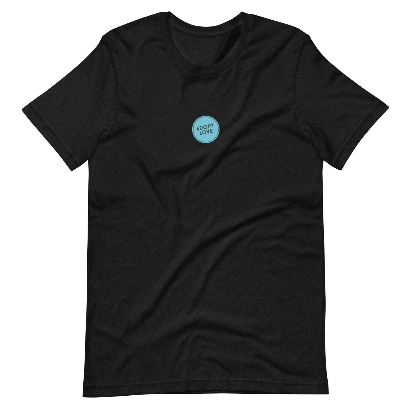 ADOPT LOVE - blue circle design on Unisex t-shirt - Adoption Stuff Store, Black Heather / XS, T-shirt