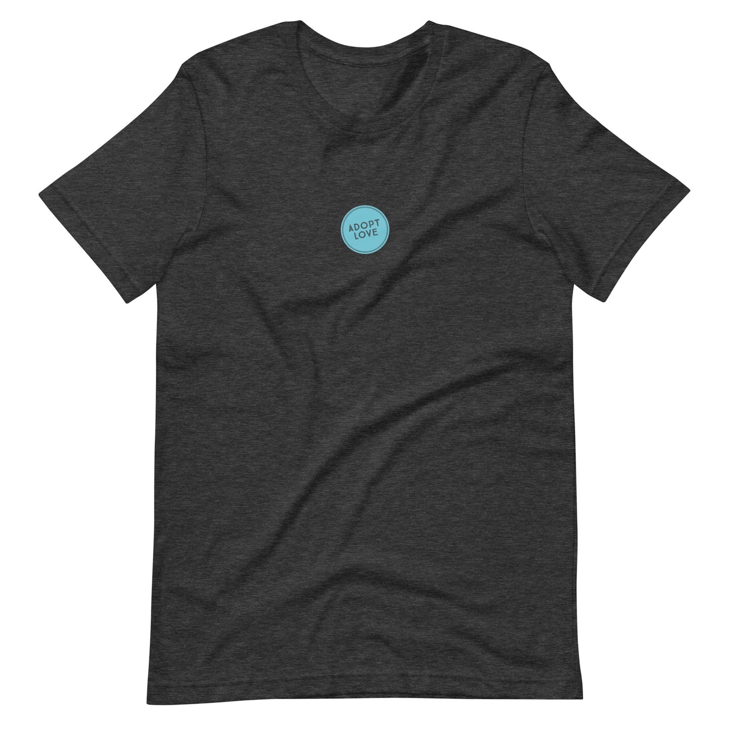 ADOPT LOVE - blue circle design on Unisex t-shirt - Adoption Stuff Store, Dark Grey Heather / XS, T-shirt