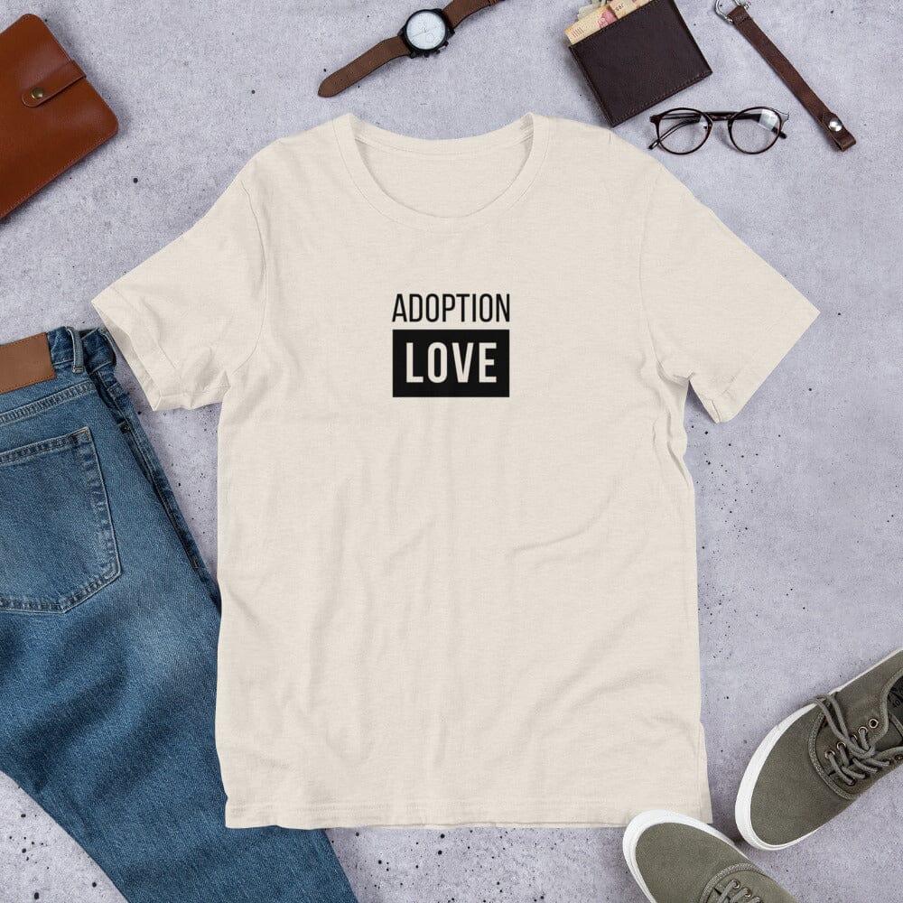 ADOPTION LOVE - simple block design on a Unisex t-shirt T-shirt Adoption Stuff Store Heather Dust S 