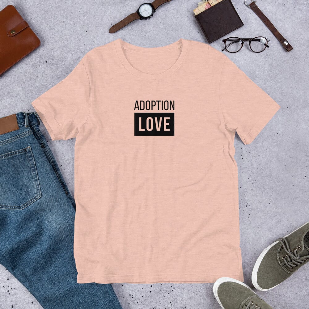 ADOPTION LOVE - simple block design on a Unisex t-shirt T-shirt Adoption Stuff Store Heather Prism Peach XS 