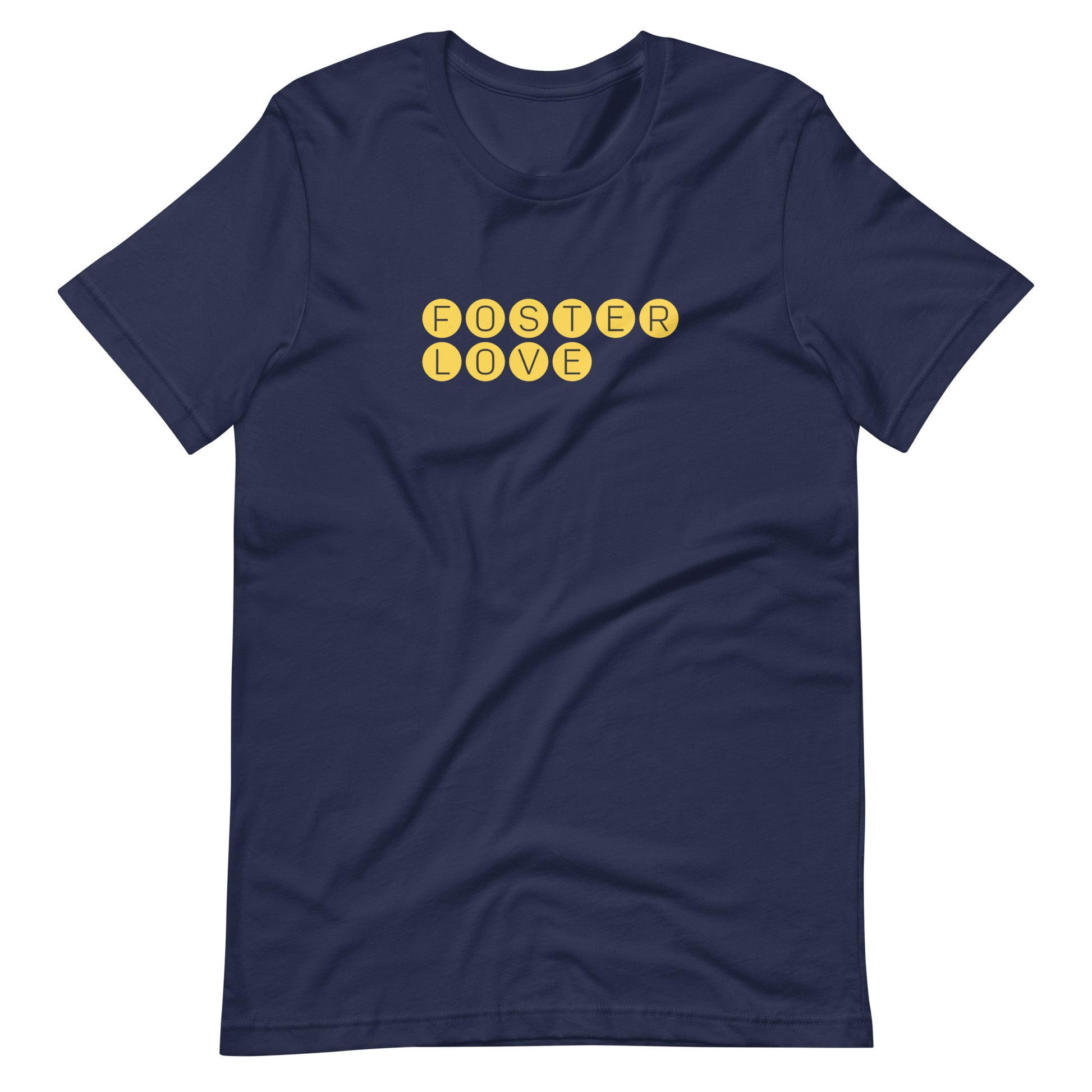 FOSTER LOVE - yellow graphic on a Unisex t-shirt - Adoption Stuff Store, Navy / XS