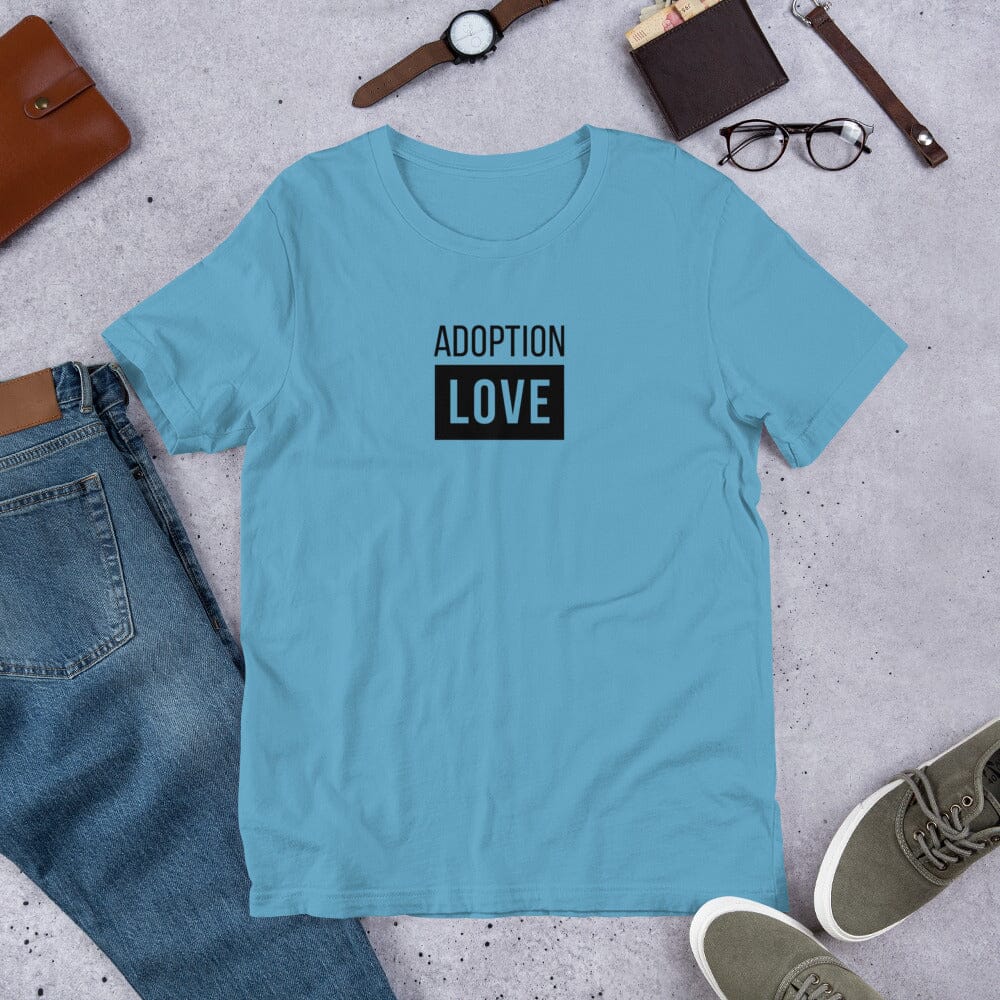 ADOPTION LOVE - simple block design on a Unisex t-shirt T-shirt Adoption Stuff Store Ocean Blue S 