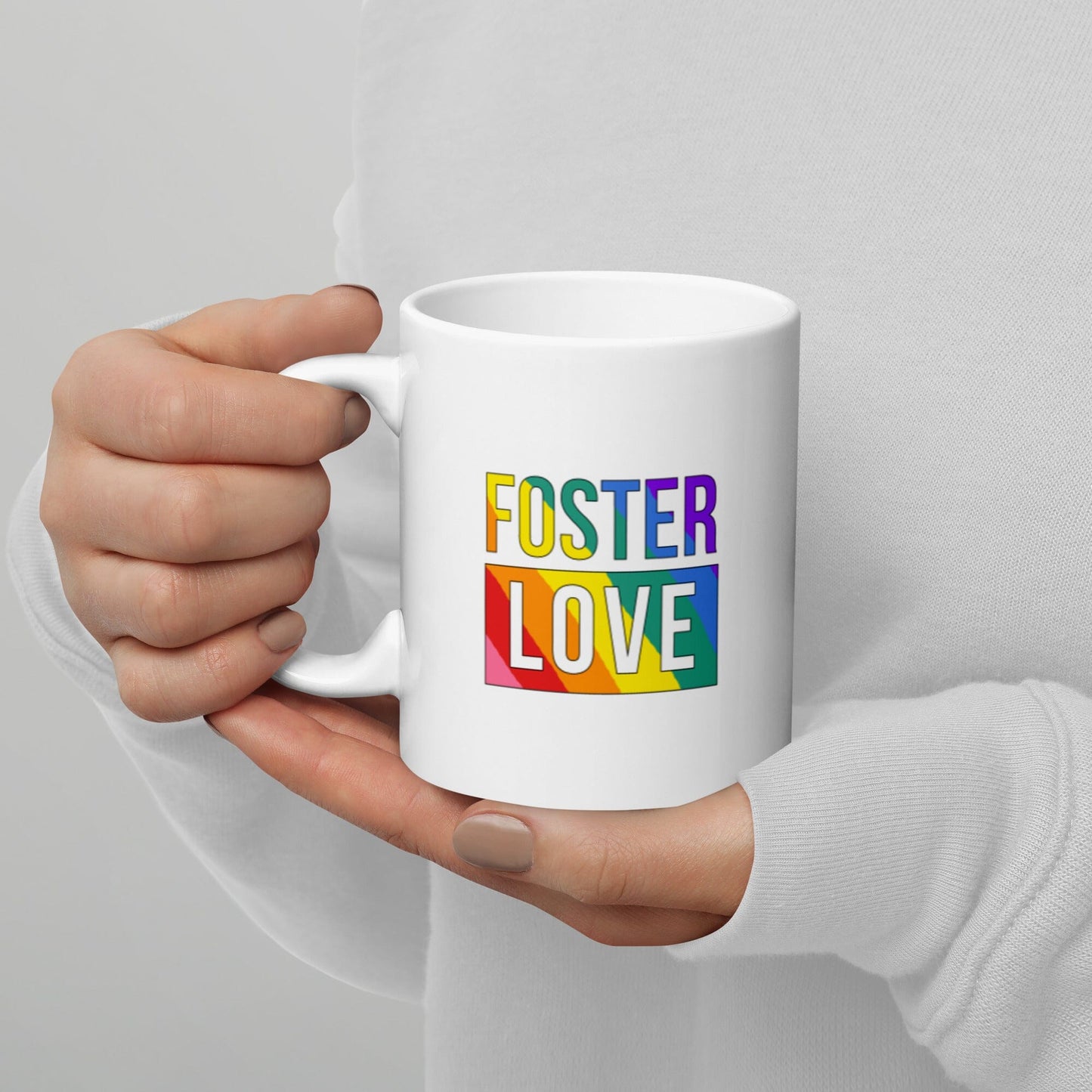 FOSTER LOVE - rainbow design on a White glossy mug Coffee Mug Adoption Stuff Store 11oz 